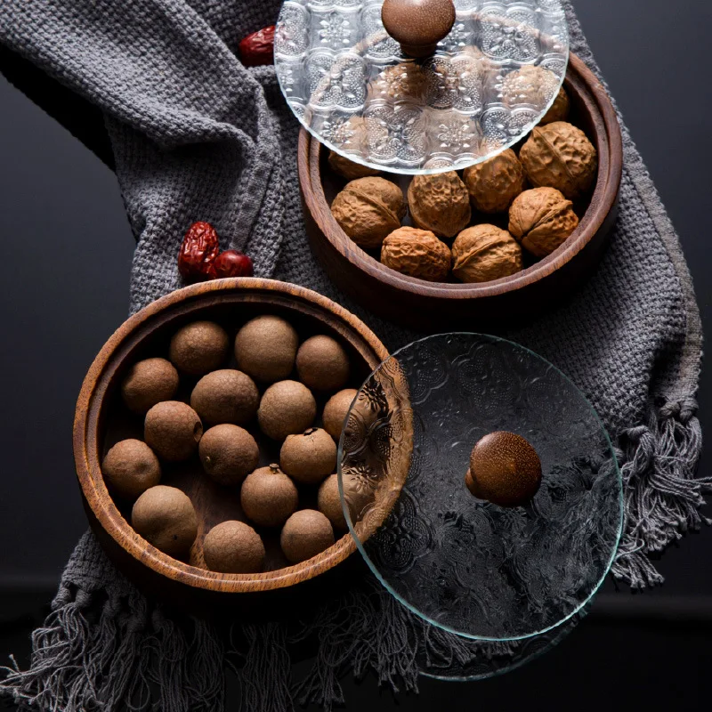 

Стеклянная тарелка с фруктами из орехового дерева в японском стиле, домашняя креативная коробка для хранения, тарелка для закусок, орехов, контейнер для еды, кухонное хранение