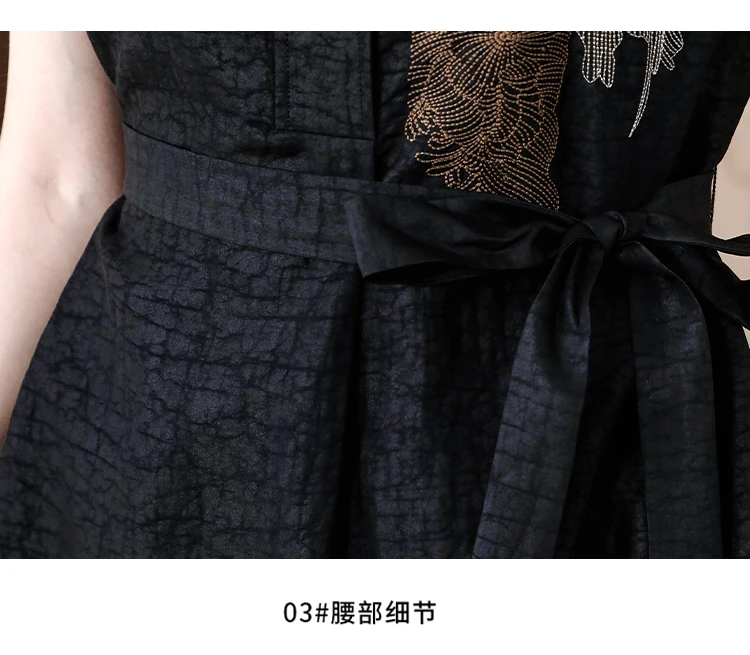 2023 Black Silk Embroidered Short Sleeve Shirt Dress Polo Neck Vintage Loose Size Slim Summer Belt Long Dress Women's Robe