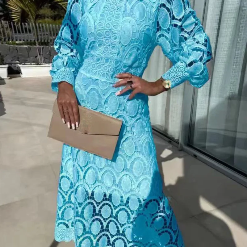 Lace Puff Sleeve Long Dress Women 2025 Spring Elegant New Fashionable Stand Collar High Waist Slim Dresses