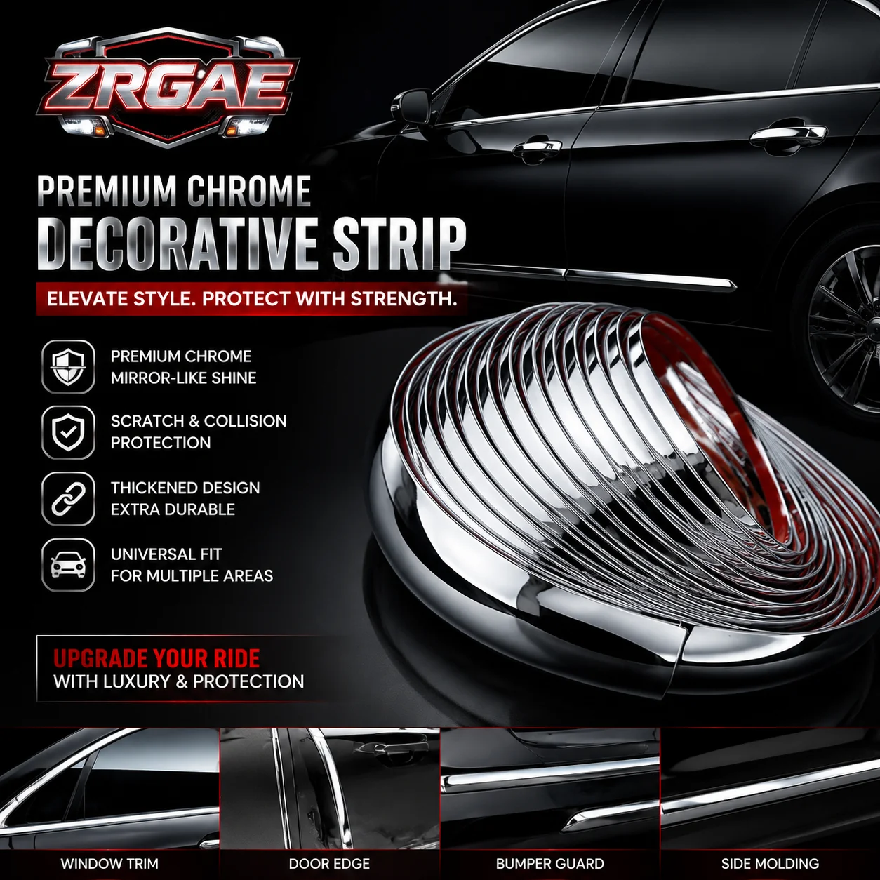 Car Chrome Trim Strip Universal PVC Electroplated Decorative Molding Door Anti Scratch Bumper Window Frame 3M Adhesive 6-30mm