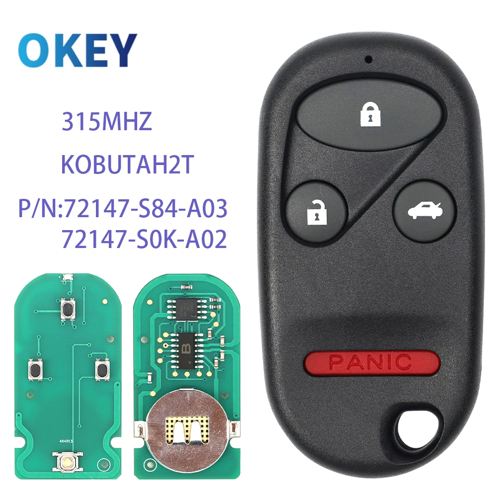 Okey Remote Car Key 315MHZ FCCID KOBUTAH2T For Honda Accord 1998 1999 2000 2001 2002 Car Transmitter