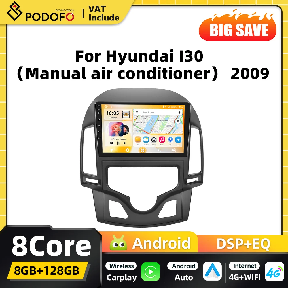 Podofo 8+128G Bezprzewodowy Carplay 2DIN Android Samochodowy Odtwarzacz Multimedialny do Hyundai I30 2009 Inteligentne Systemy GPS 4G WIFI FM RDS