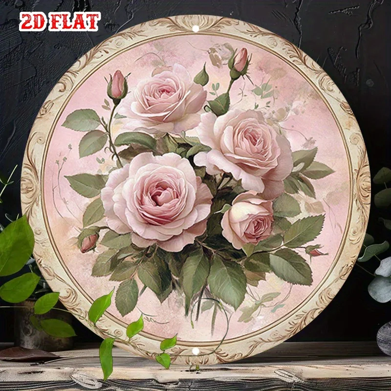 Metall-Wandkunst, rosa Rose, Dekor, 2D-Blumenmuster, rundes Metallschild, elegantes Geschenk für Zuhause