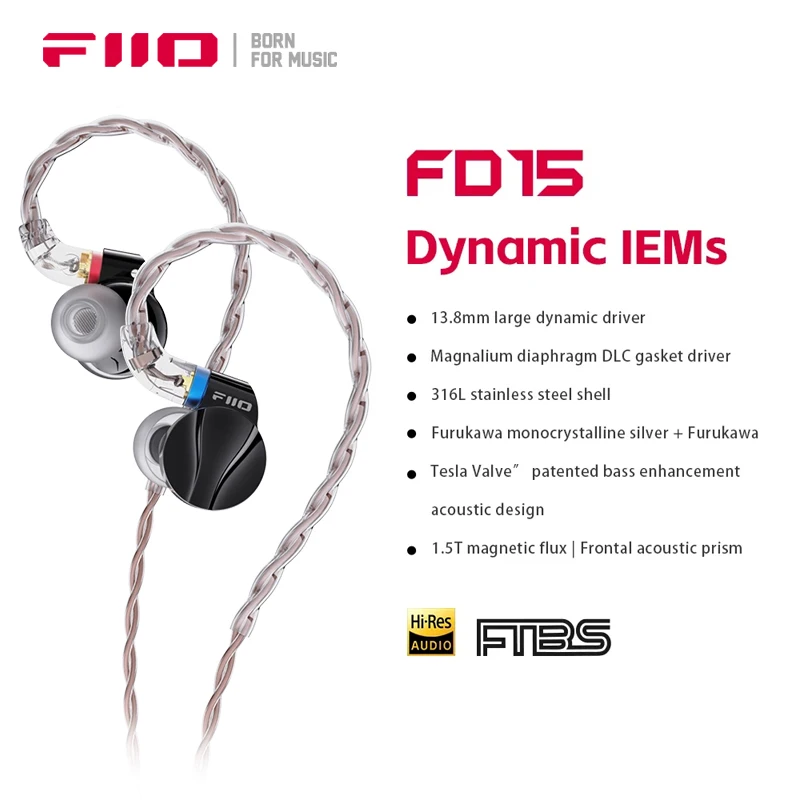

FiiO FD15 Earphone Hifi in-Ear 13.8mm Dynamic Earbuds Stainless Steel Shell Headset Frontal Acoustic Prism Detachable MMCX Cable