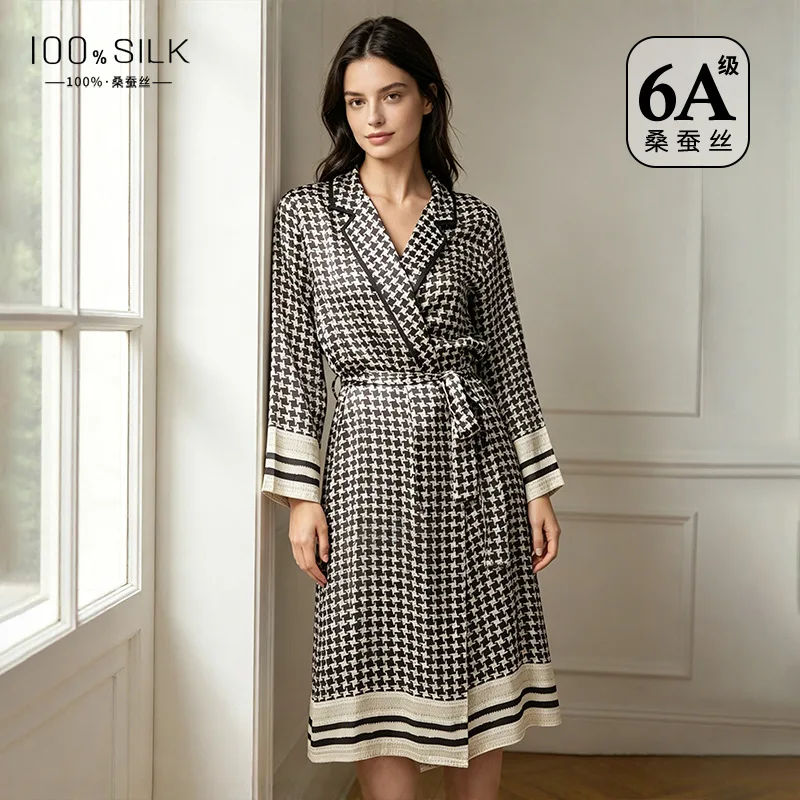 19 Momme 100% Pure Silk Printed Long Robe for Women Silky Sleepwear Ladies Elegant Nightgown Natural Pajamas Nightgown Bathrobe