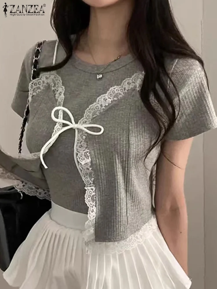 ZANZEA Damskie Koszulki Letnie z Krótkim Rękawem Tuniki Koronkowe Łączone Bluzki Moda 2025 Udające Dwuczęściowe T-shirty Codzienne Dzianinowe Bluzki Koszulowe
