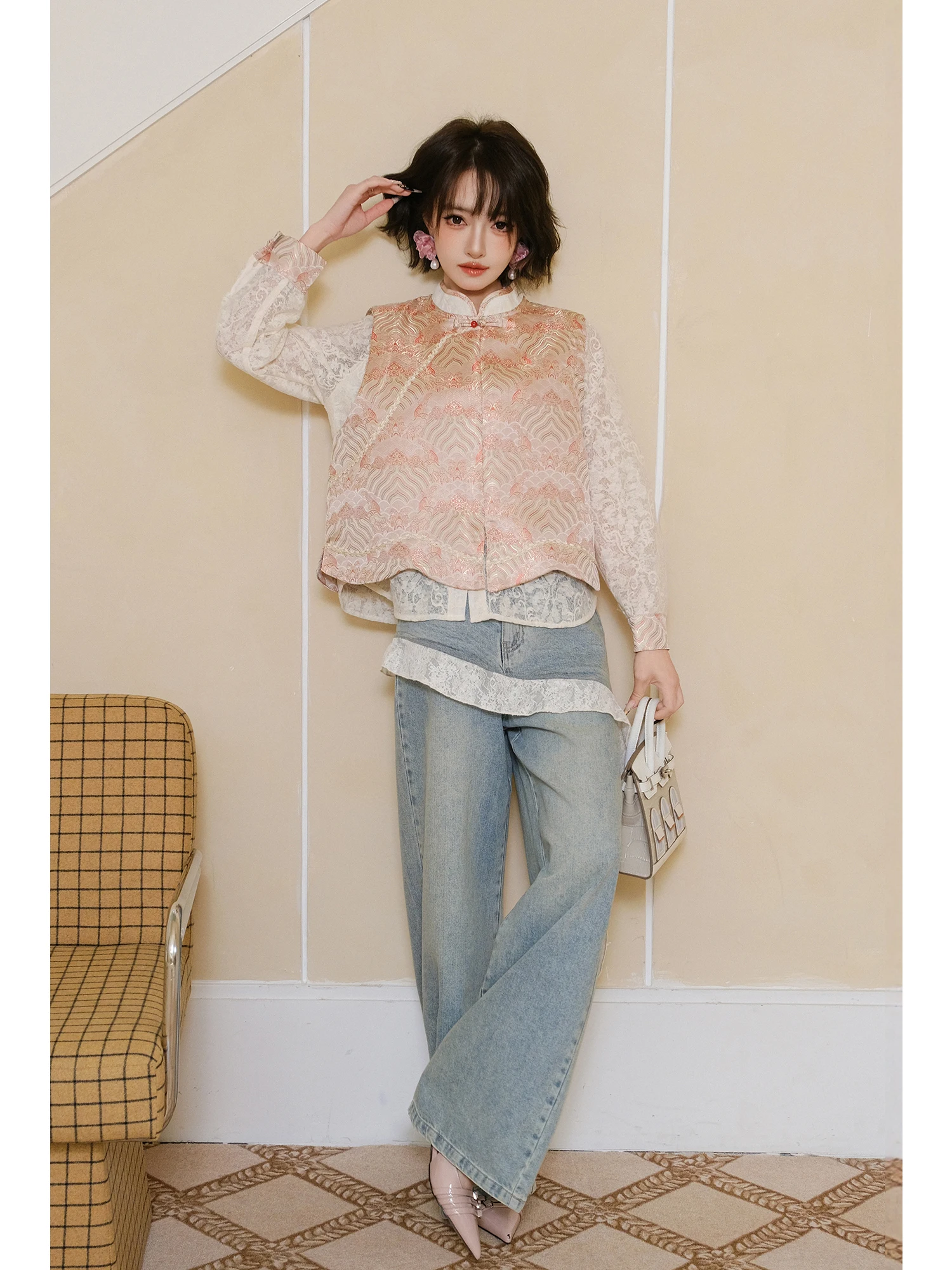 

MIUCO High Waist Loose Straight Leg Jeans Women's Fake Two-Piece Lace Splicing Denim Pants Vintage Sle Mid-Rise Bootcut