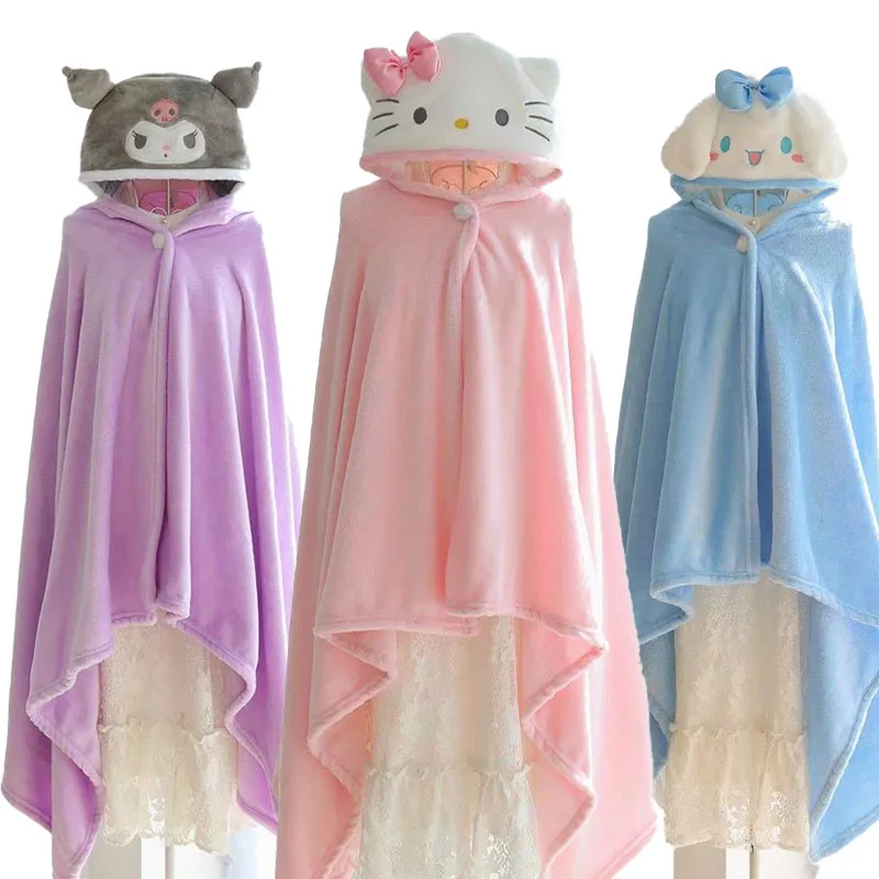 

Kawaii Anime Hello Kittys Cloak Blanket Women Kuromi Cinnamoroll Child Student Cartoon Plus Velvet Hooded Shawl Nap Blanket Gift