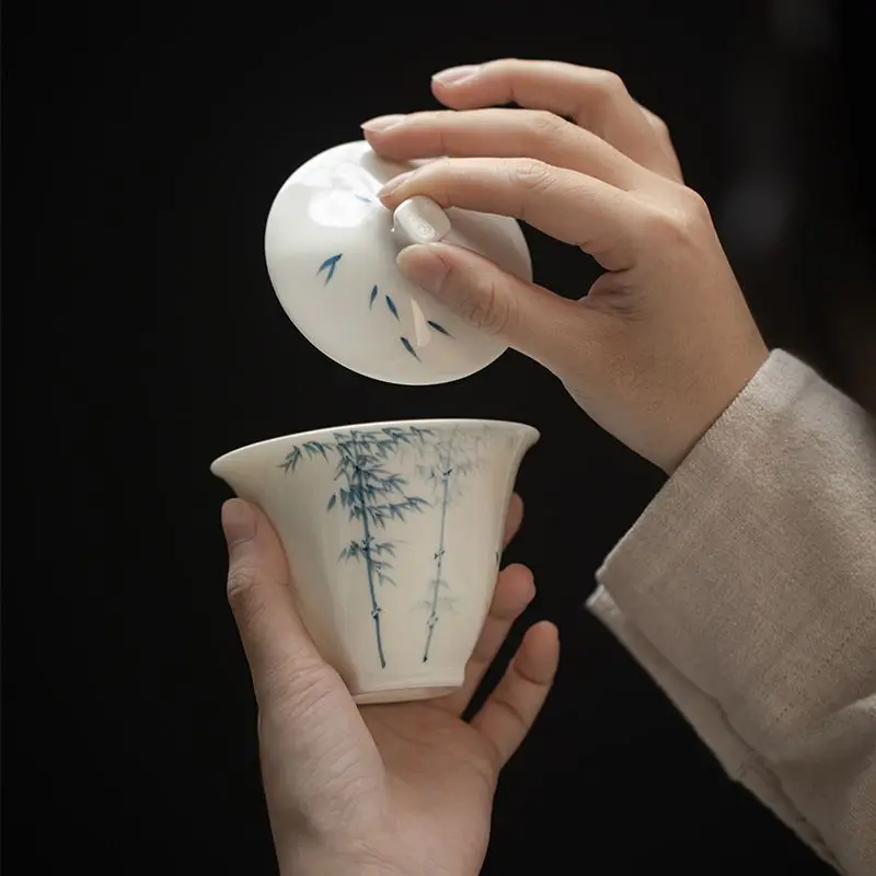 Jade Mud White Porcelain Hand Painted Blue and White Bamboo Gaiwan Underglaze Literati Master Tea Brewing Bowl Elegant Home Gift