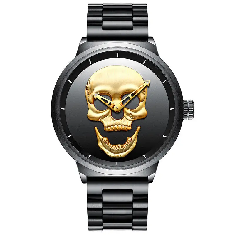 Luxury BIDEN Brand New Style 3D Skull Black Golden Stainless Steel Straps Waterproof Men's Quartz Movemwnt Wrist Watch Nice Gift