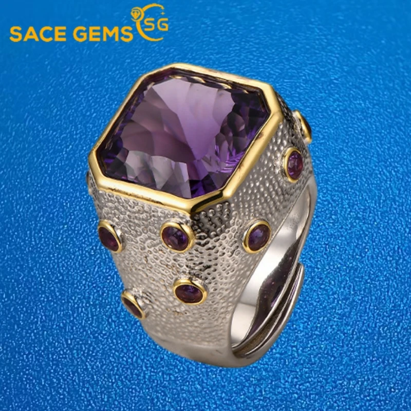 

SACE GEMS New 925 Sterling Silver Resizable Luxury Natual Amethyst Rings for Women Engagement Cocktail Party Fine Jewelry Gift