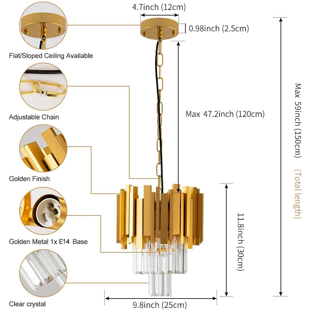 Modern Gold Round Crystal Chandelier Lighting For Dining Room Bedroom Fixtures Kitchen Island Adjustable Height Pendant Lamp