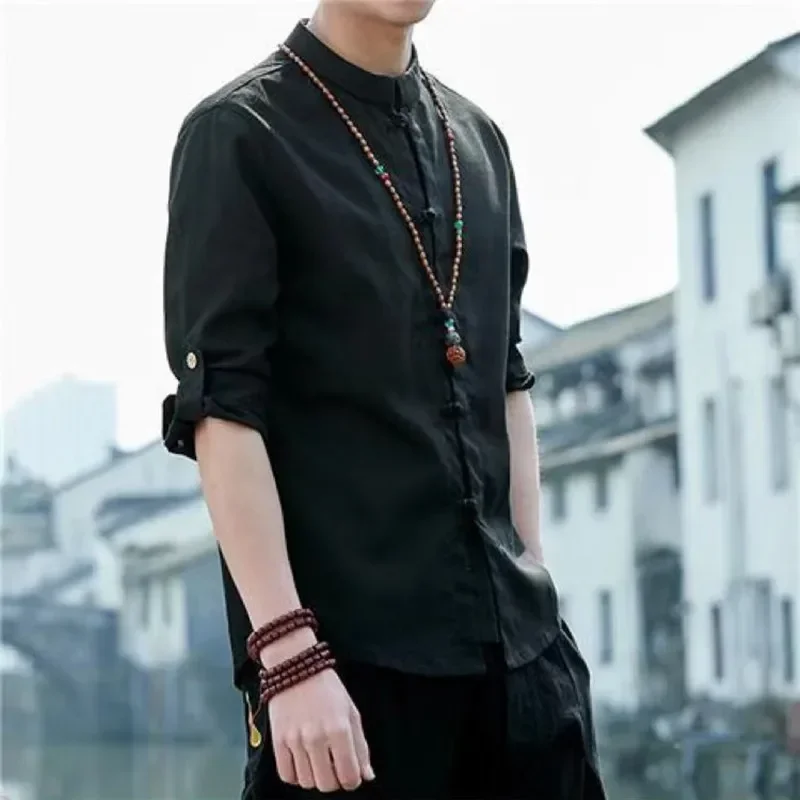 Chinese Men Harajuku Traditional Top Linen Hanfu Shirt Tang Suit 2022 Summer Mens Solid Color Casual Half Sleeve Kung Fu Shirts