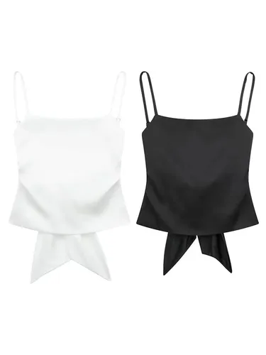 HH-Top corto de satén liso con lazo en la espalda para Mujer, Top corto con tirantes y espalda descubierta, ropa Sexy elegante para Mujer, ropa de calle, moda 2024