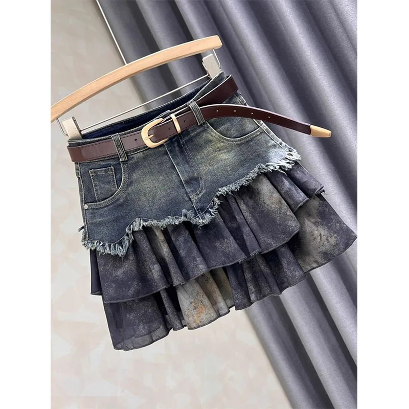 Spliced denim Skirt for Women New Age-reducing Versatile and Fashionable High-waisted Slimming A-line Short Skirt Trendy