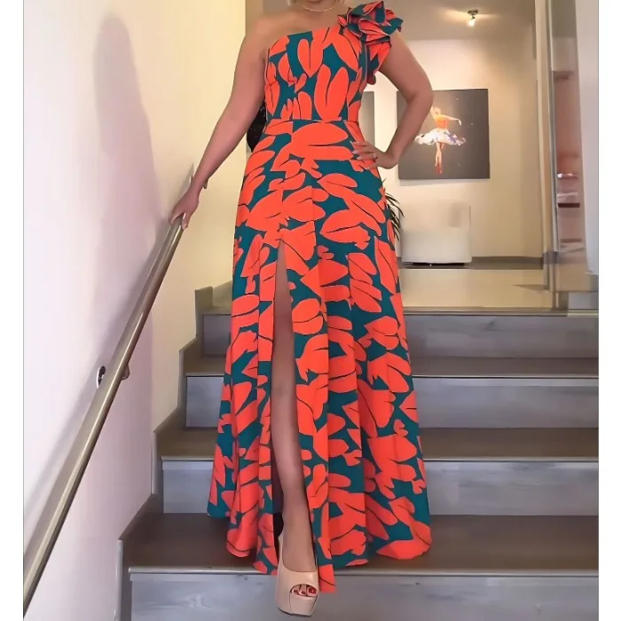 Vestido Maxi para Mujer Primavera/Verano/Otoño 2025 Nuevo Vestido Largo con un Hombro Descubierto, Estampado Tropical, Abertura Lateral, Elegante, Casual, Estilo Y2K