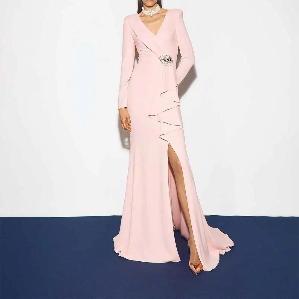 

V Neck Pleated Ruffled Split Front Evening Dress Elegant Prom Party Dresses for Women Formal Bridesmaid Dress Sexy Cocktail Gown