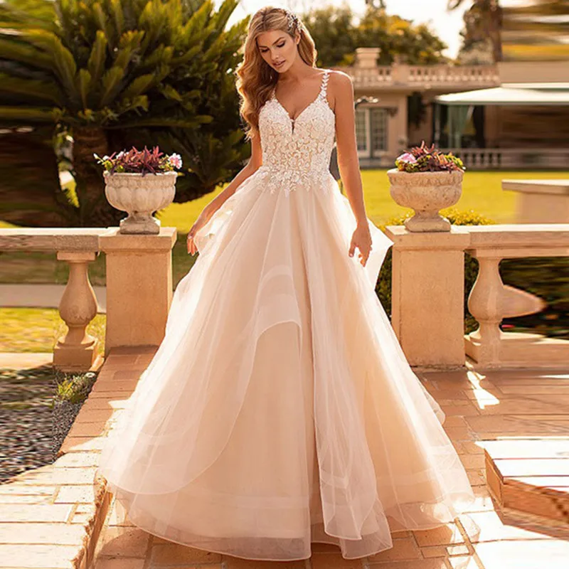 

Customized Appliques Vestido De Noiva Sexy V-neck Vestidos De Novia Spaghetti Straps Wedding Dresses Lace Robe De Mariée