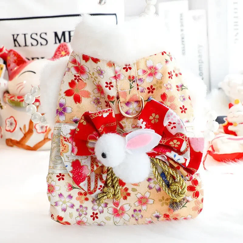 Japanese Warm Cat and Dog Coat, Princess Sakura Kimono, Bow-knot Pet Clothes, Jacket, Flower Printing, Supplies