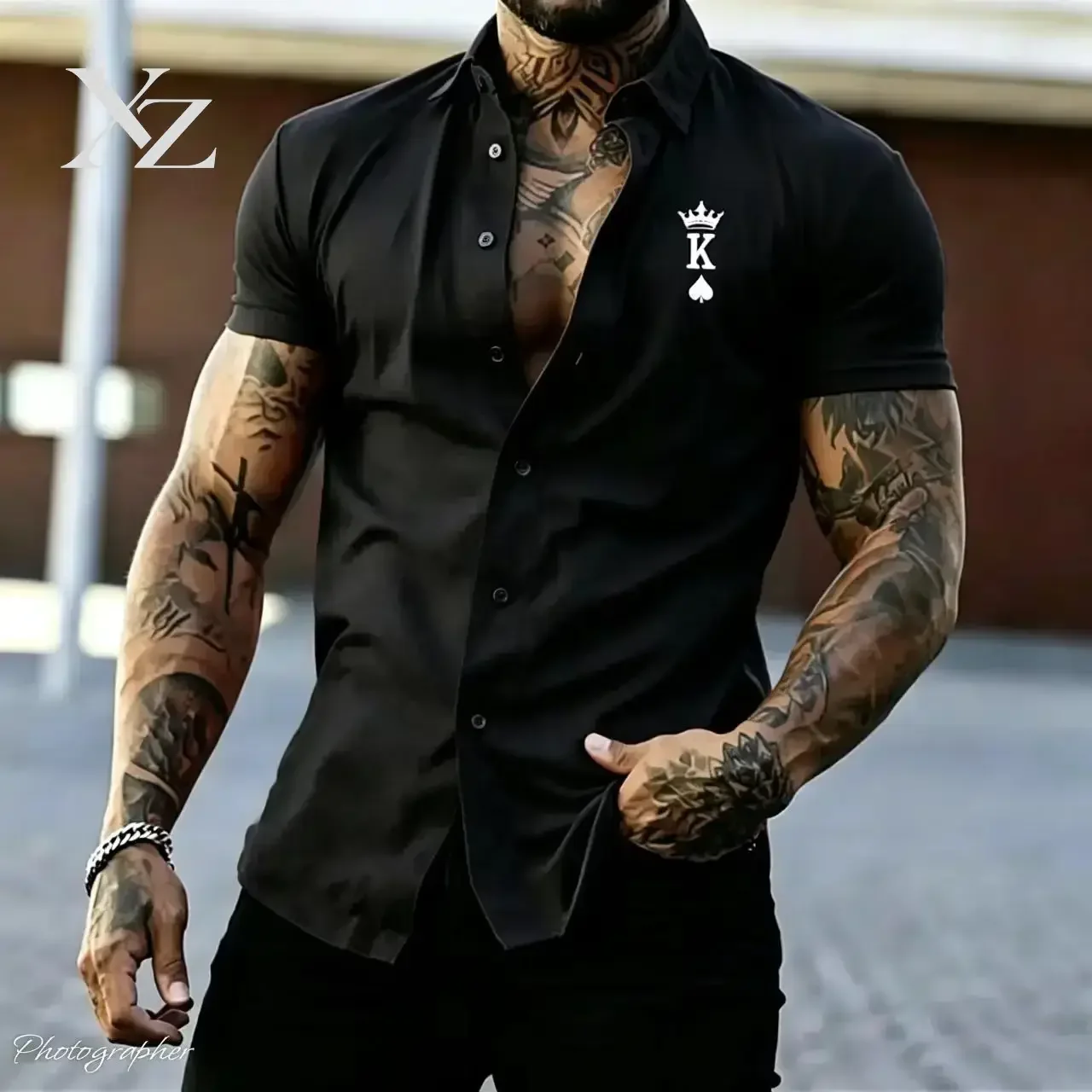 Hot Sale Premium Men's Slim Fit Short Sleeved Striped Shirt with Crown K-Letter Spade Print Lapel Cuff Casual Streetwear Top