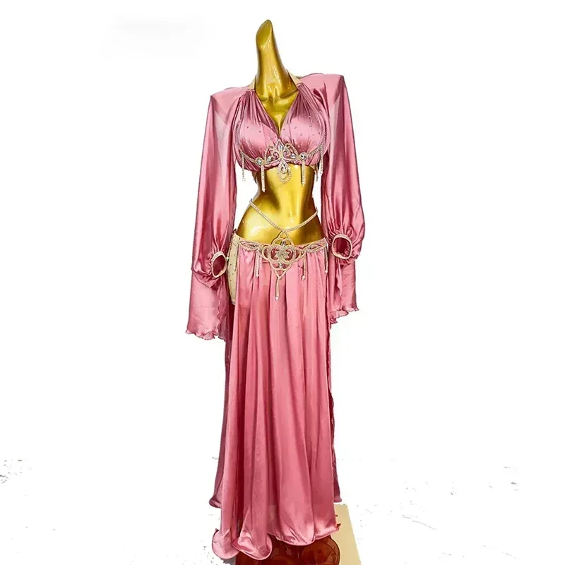 Women's Satin 2Piece Belly Dance Performance Costume with Split Style Long Skirt And Bra Set for Adult Oriental Dancewear