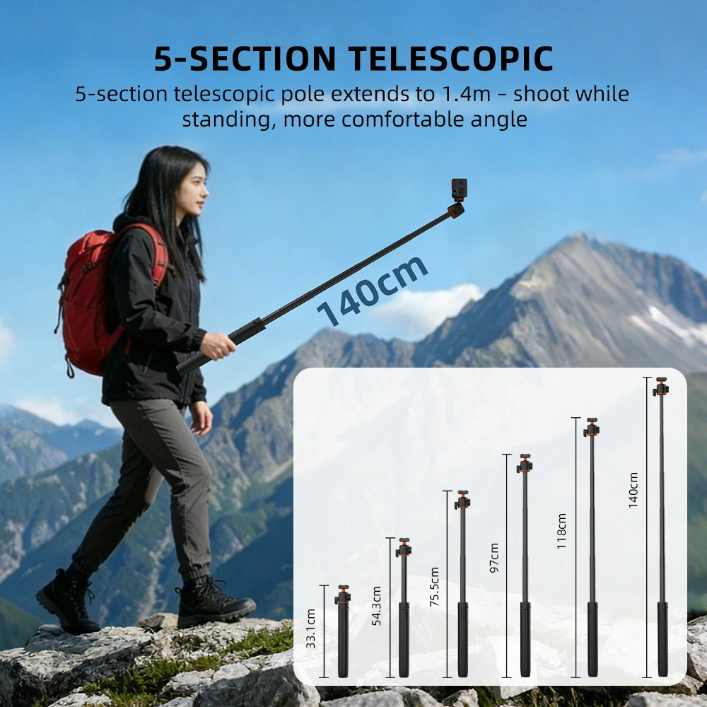 Flymile Stativ für Insta360 X6/X5/Ace Pro 2 Kamera Schnellwechselhalterung Stativ Selfie-Stick 140CM Verstellbarer Ausziehbarer Stab – Detail 8