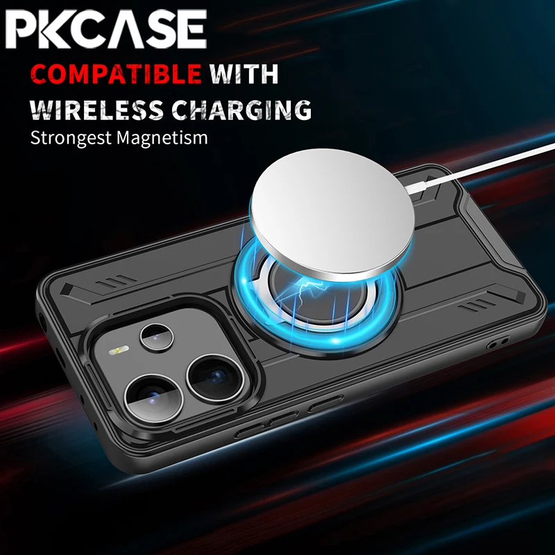 PKCASE 360° °   Metall Ring Halterung Magnetische Telefon Fall Für Redmi Hinweis 14S 14 13 Pro Plus 4G 5G stoßfest Rüstung Abdeckung Für Redmi A5