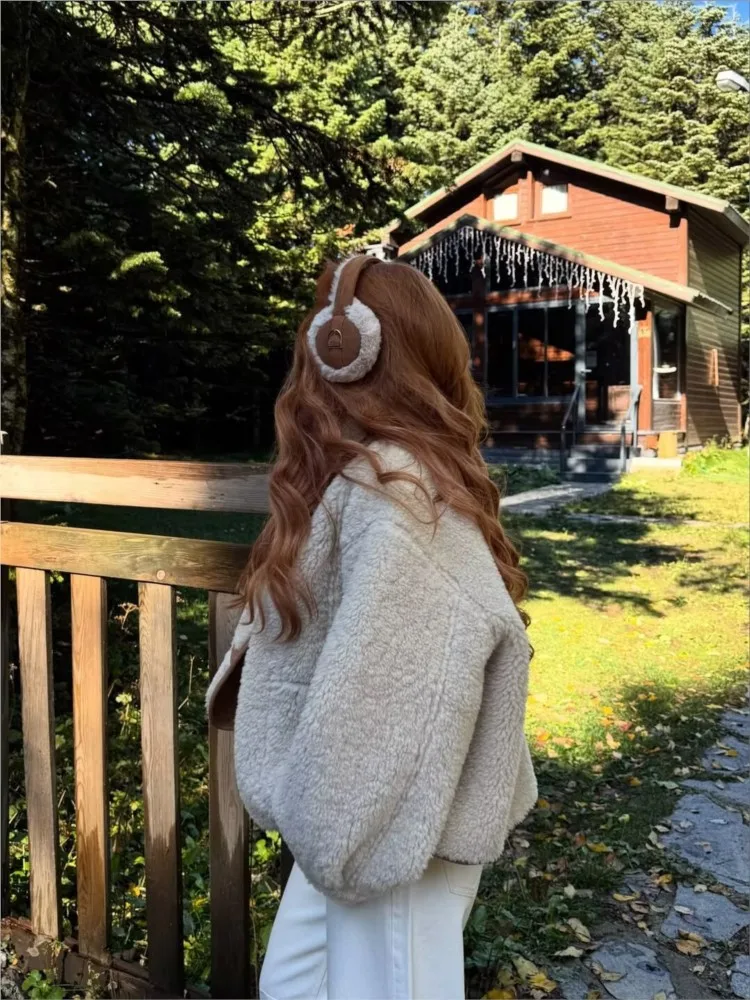 الخريف المرأة مزدوجة الوجه سترة عادية عالية الياقة كم طويل Pcoket سيدة عكسها فو الجلد المدبوغ معاطف الإناث شيك القمم