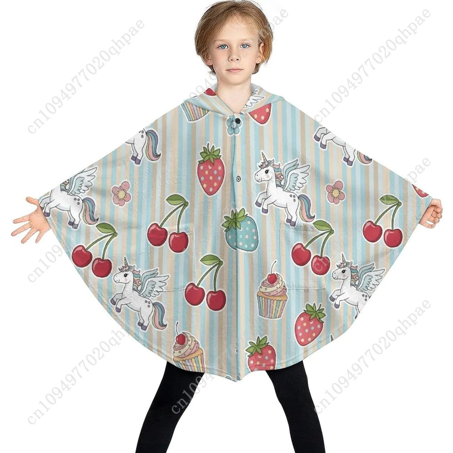 เสื้อสเวตเตอร์ผ้าฟลานเนลแสนสบาย เสื้อฮู้ดดี้โอเวอร์ไซส์ลายเค้กยูนิคอร์นผลไม้ มีกระเป๋าสำหรับเด็กและวัยรุ่น