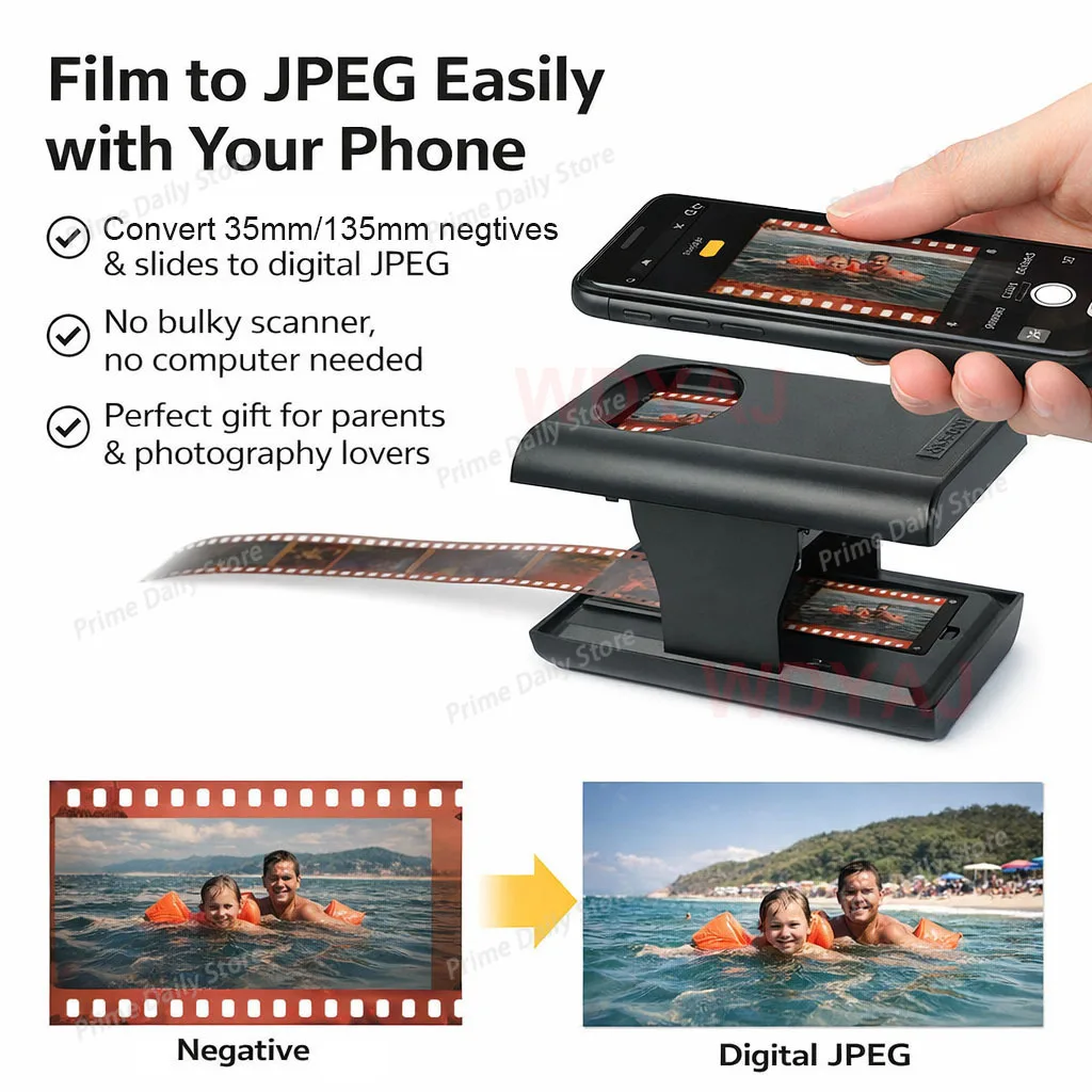 Foldable 135/35mm Film Scanner for Smartphone - Convert Slides/Negatives to JPEG with Free App, LED Backlight, Portable Trave