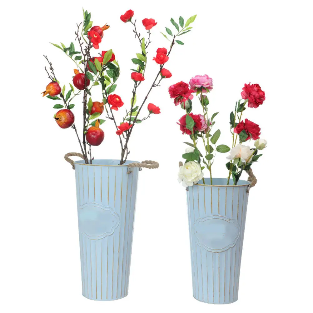 Vintage Iron Flower Pot with Hemp Rope Design, Blue Retro Planter for Windowsill, Desk, Home & Office Decoration, 40 cm