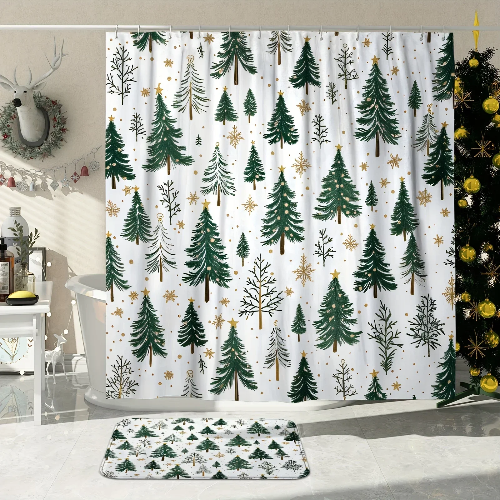 Christmas Tree Snowflake Shower Curtain Set with Non-Slip Bath Mat, U-Shaped Toilet Seat and Carpet - Waterproof Bathroom Decor