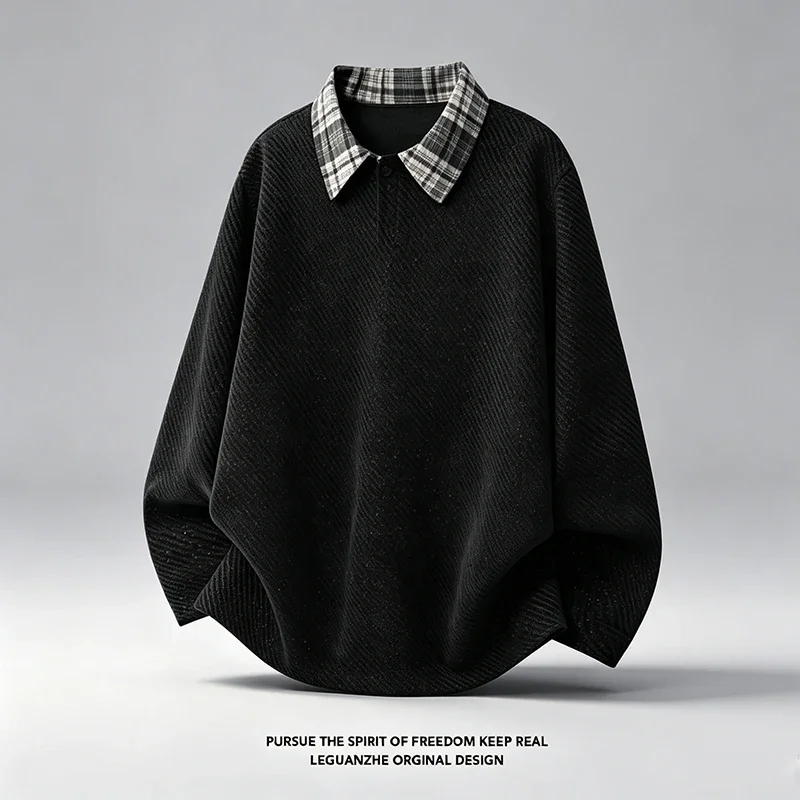 Mens Plaid Collar Long Sleeve Polo Shirt Autumn Textured Knit Loose Fit Casual Tops Contrast Collar Design Daily Wear Pullover image 4