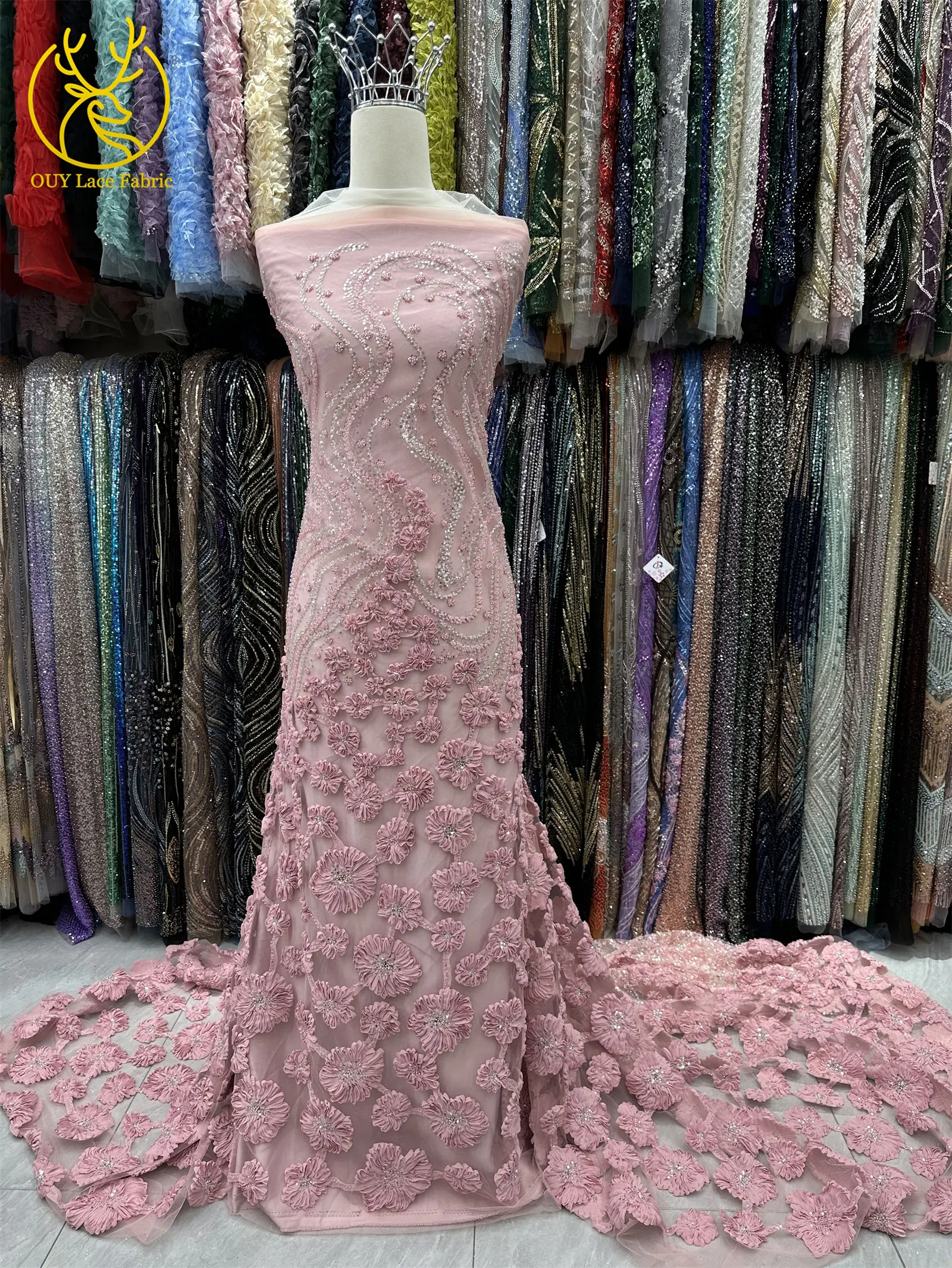 Burgunderroter 3D-Spitzenstoff, afrikanischer Perlen-Spitzenstoff, 5 Yards, nigerianischer Tüll, Pailletten-Spitzenstoff, Party, Damen, Hochzeitskleid, Nähen – Detail 4