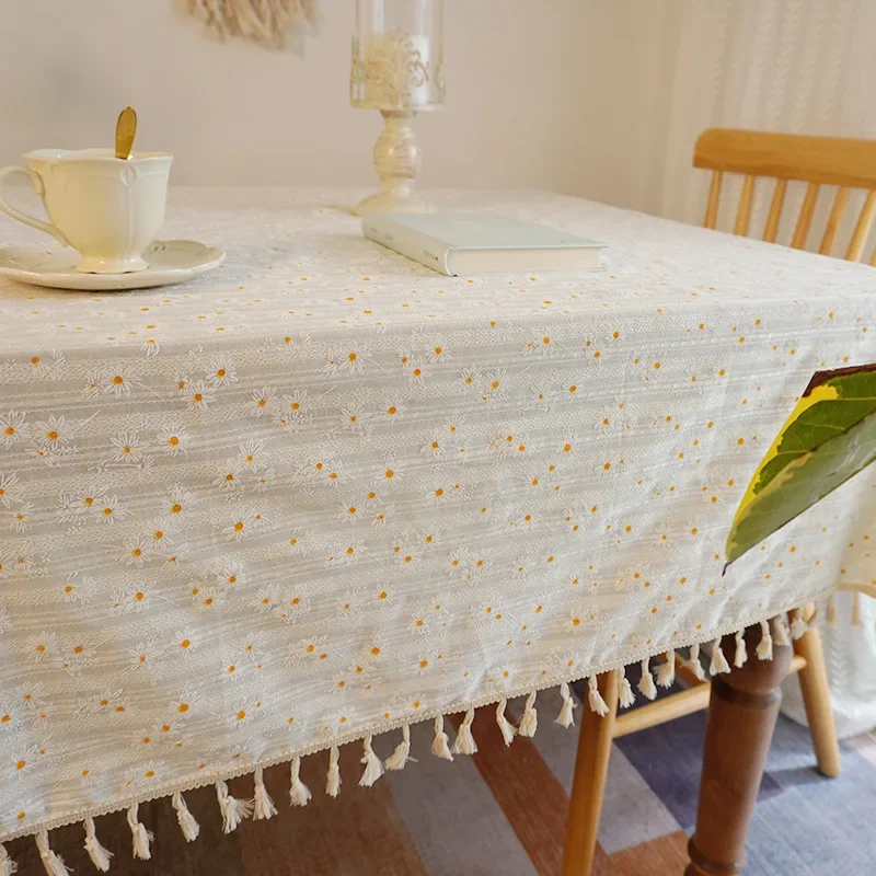 Boho Style Daisy Tassels Floral Tablecloth,Tea Table Decoration,Rectangle Table Cover For  Kitchen Dining Room Party Picnic