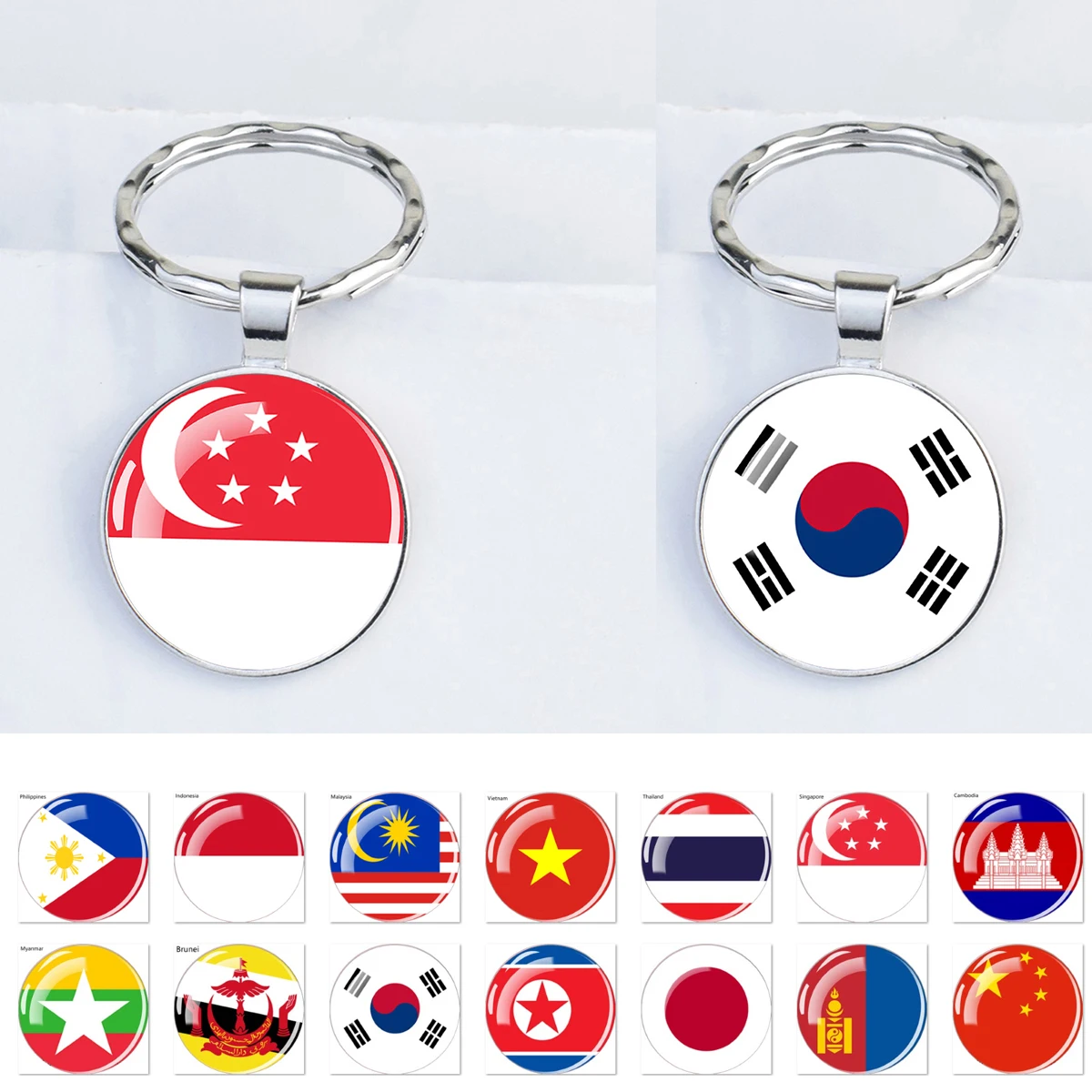 Asia National Flags Keychain Asia Country Japan Singapore Vietnam Indonesia Flag Glass Dome Key Chain Patriot Gift
