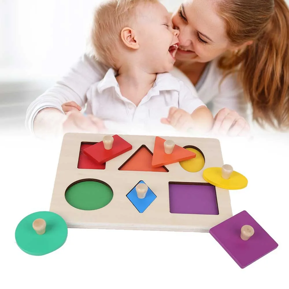 Colorful Wood Shape Puzzle Fine Motor Skill Solid Construction Geometric Shape Board Hand Eye Coordination Geometric Shape Toy
