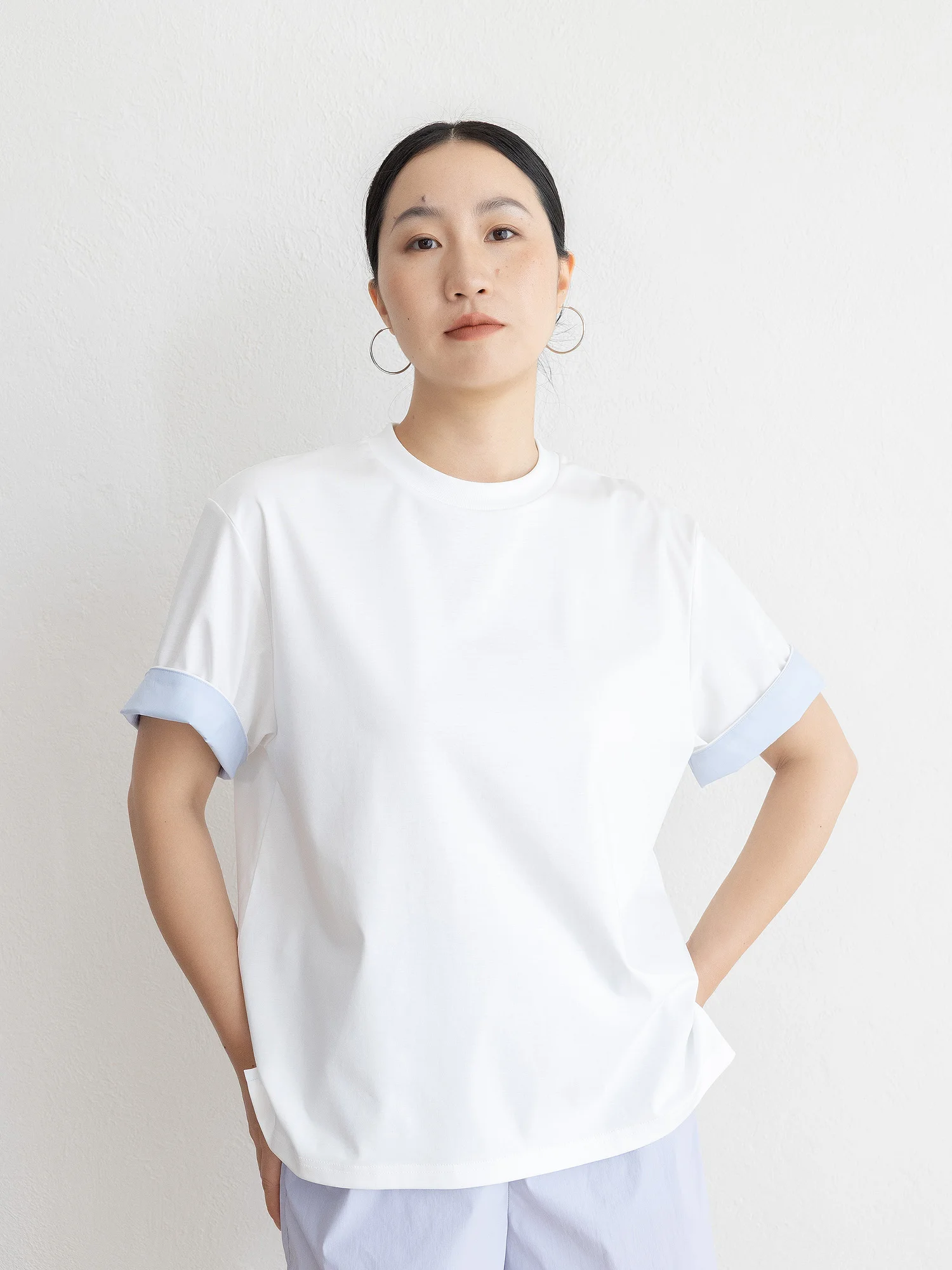 

JENUNIQUE Summer Dopane Color Blo Loose Fit ort Sve T-irt Women's Cotton Lyocell Hemp Sweat-ng Cuffed Top