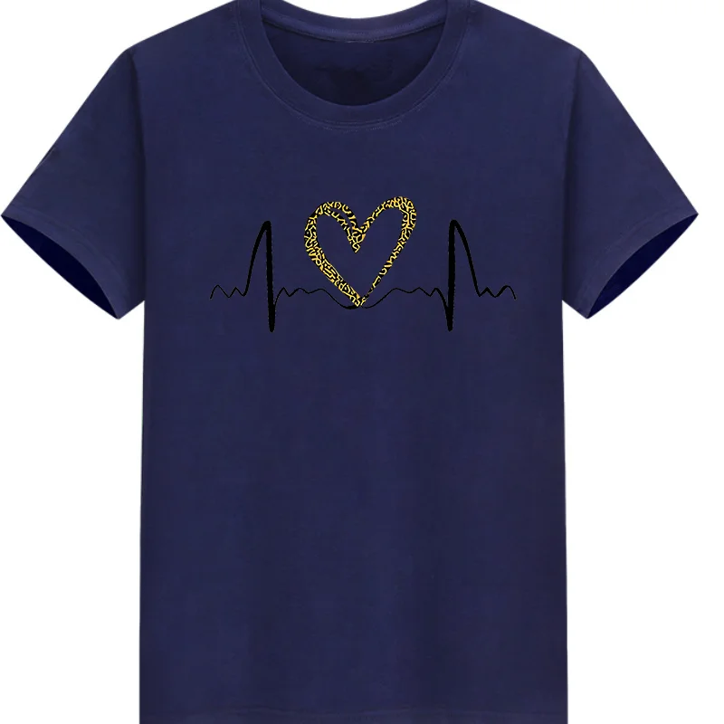 ผ้าฝ้าย 100% เสื้อยืดลายหัวใจพิมพ์ลายเสือดาว สไตล์ใหม่ อินเทรนด์ ทันสมัย ​​ลำลอง และสวมใส่ได้ทุกวัน