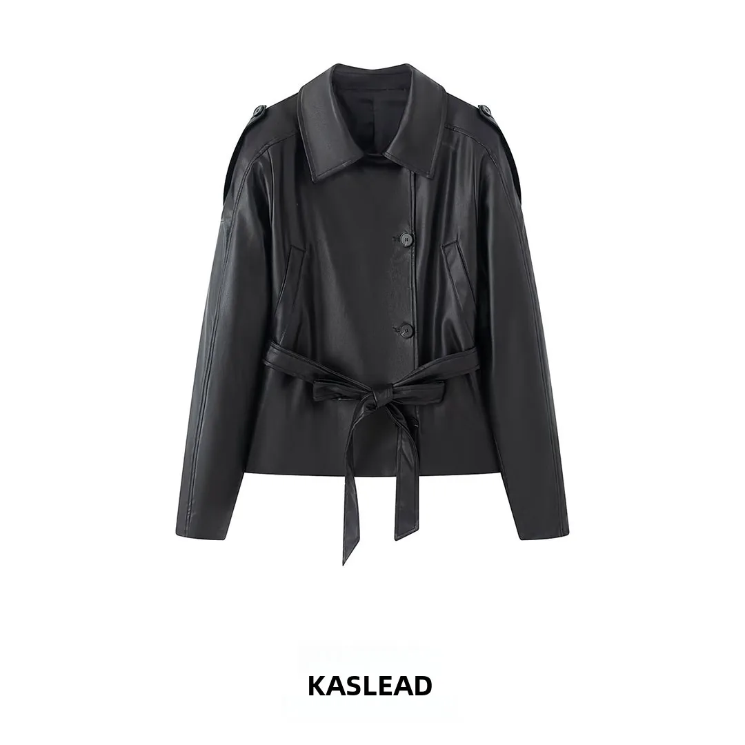KASLEAD New Women's Fashion High-End Short Length Sleeveless Coat PU Leather Long Sleeve Versatile Miniature Windbreaker