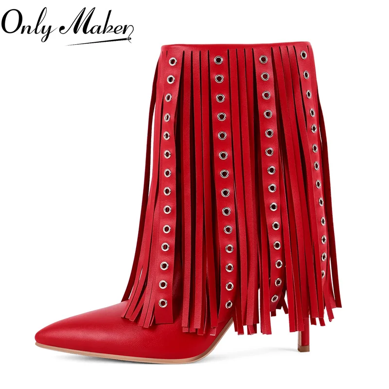 

Onlymaker Pointed Toe Fringe Stiletto High Heel Ankle Boots Mid Calf Boots Fashion Side Zipper Boots