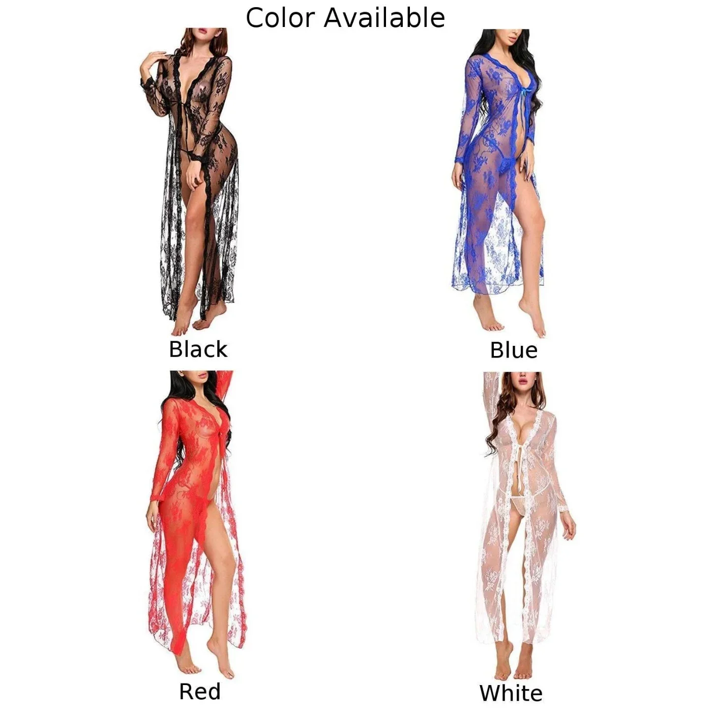 Alluring Lace Long Dress, Sheer See Through Kimono Robe Nightgown for Women, Sexy Lingerie, size, Assorted Colors