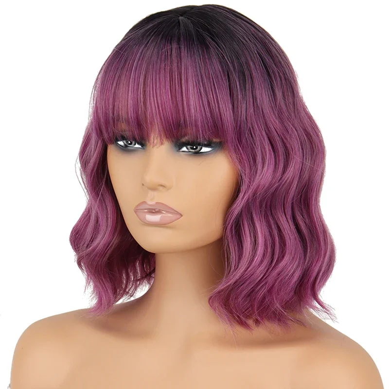 Werd Korte Bob Wave Synthetische Pruiken Paars Ombre Voor Vrouwen Met Pony Rood Roze Zwart Synthethet Natuurlijke Lolita Pruik