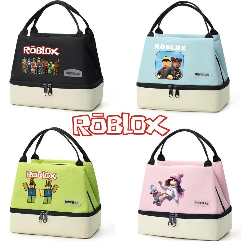 Robloxs Figure Color‑Block Double Layer Insulated Cooler Bag Portable Thermal Bento Tote Bag Reusable Food Storage Handbag