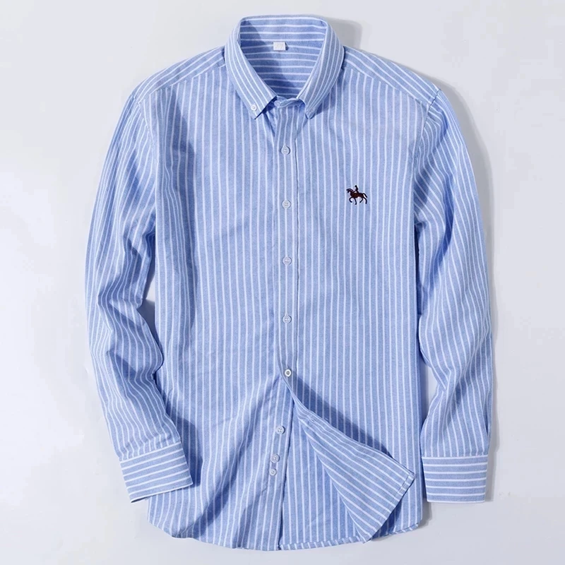 Quality 100% Cotton Oxford Shirt Men's Long Sleeve Embroidered Horse Casual Without Pocket Solid Yellow Dress Shirts Men 5XL 6XL