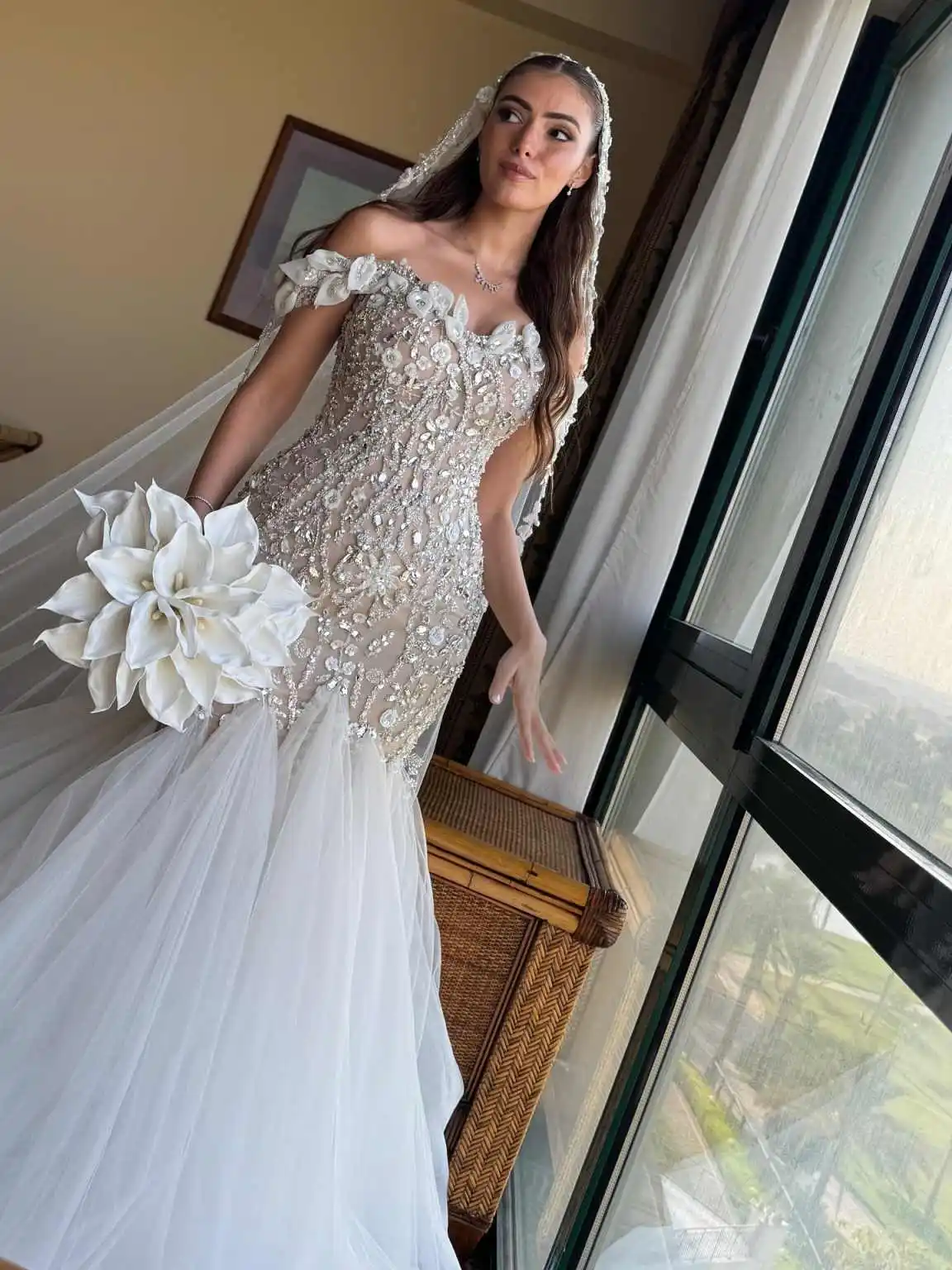 Luxury Mermaid Gown Wedding Dresses Off Shoulder Lace Beaded Evening Dresses Special Occasion Gowns Vestido De Noiva Customized