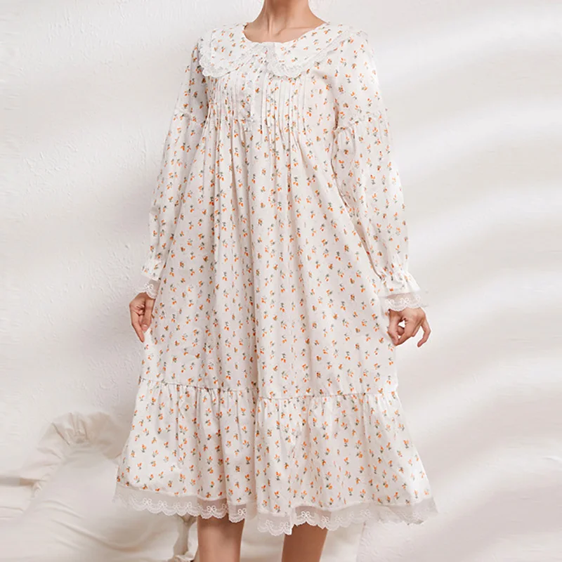 Retro Vintage Nightdress Long Sleeve Princess Pajamas Nightgown Cotton Floral Print Women Loose Lace Ruffles Victorian Sleepwear