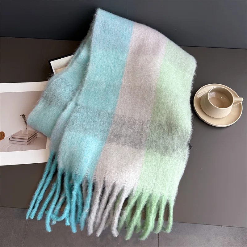 Warmer Dicker Winterschal für Damen, Mohair, Kariert, Weicher Quastenschal, Pashmina, Großer Halsdecken-Schal – Detail 22