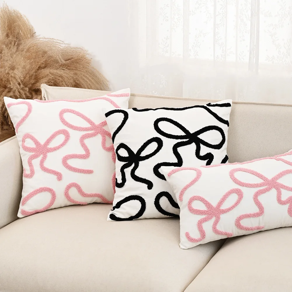30x50/45x45CM Black Pink Embroidered Throw Pillow Cover Bow Nordic Stamping Waist Cushion Cover Decor Home Decorative Pillowcase