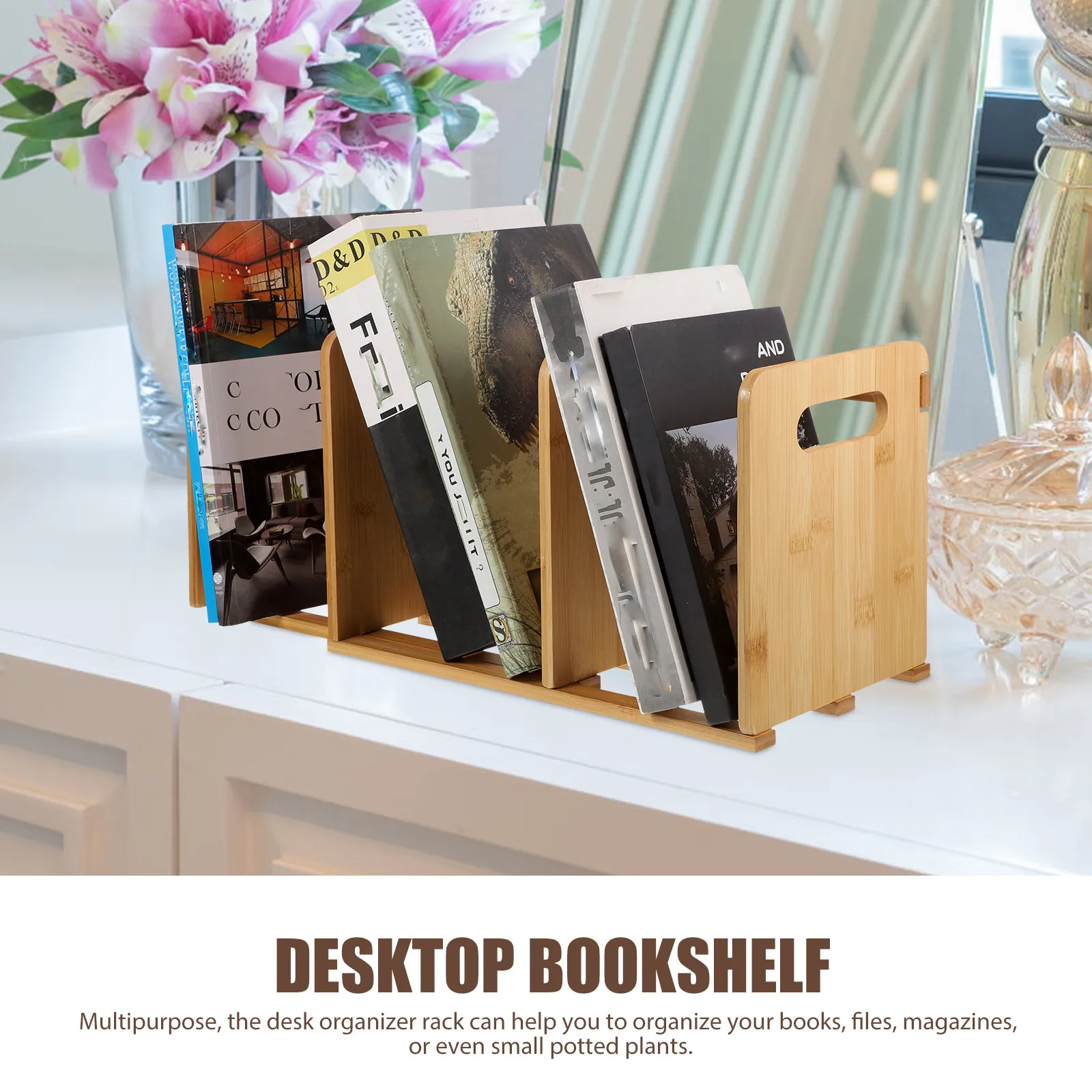 

Bamboo Desktop Bookshelf Adjustable Retractable Storage Rack Multifunctional Book Organizer Stand for Office Home Desktop